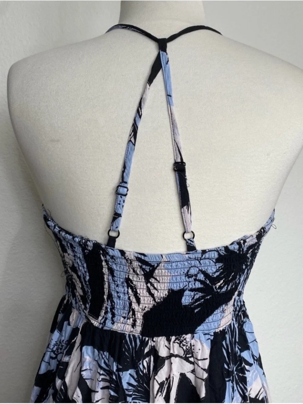 Free People Womens Blue Tropical Floral Smock Midi Dress Size Large Boho Coastal